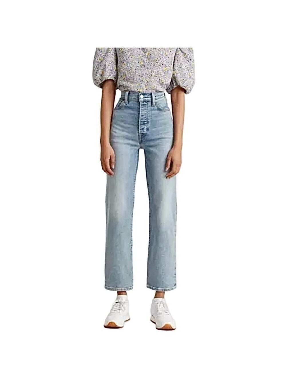Levis Ribcage straight ankle high rise faded cropped jeans in worn out blue 25